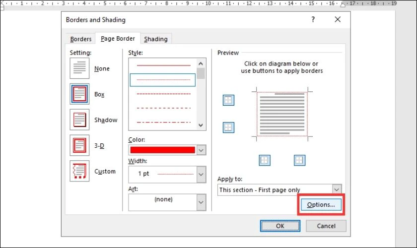 Tiếp tục nhấn v&agrave;o mục Options để thực hiện c&aacute;ch tạo trang b&igrave;a trong Word 