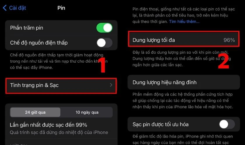 Nhấn v&agrave;o T&igrave;nh trạng pin & Sạc để xem chi tiết về dung lượng tối đa hiện tại