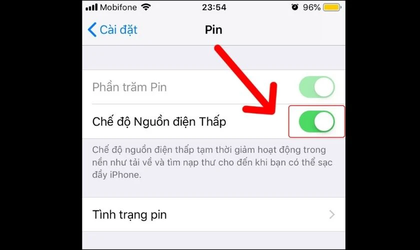 K&eacute;o n&uacute;t gạt sang phải để bật Chế độ nguồn điện thấp