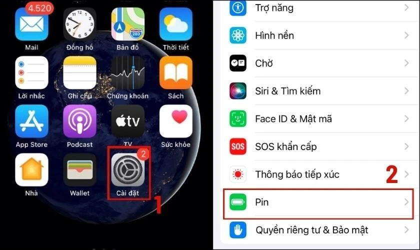 V&agrave;o C&agrave;i đặt rồi t&igrave;m v&agrave; chọn mục Pin