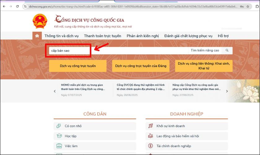 Nhập v&agrave; t&igrave;m từ kh&oacute;a &ldquo;Cấp bản sao&rdquo; tại thanh t&igrave;m kiếm