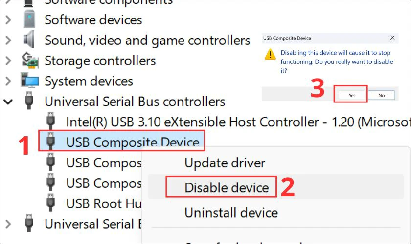 Chọn Disable device rồi x&aacute;c nhận thao t&aacute;c bằng c&aacute;ch nhấp v&agrave;o Yes