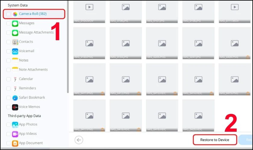 Thực hiện chọn Camera Roll để khôi phục các ảnh đã xóa trên iPhone