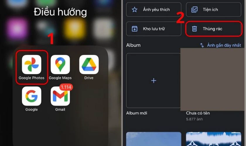 Trong mục Thư viện, t&igrave;m v&agrave; chọn v&agrave;o Th&ugrave;ng r&aacute;c