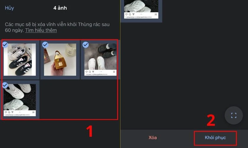 Sau khi đ&atilde; chọn xong c&aacute;c ảnh, nhấn v&agrave;o n&uacute;t Kh&ocirc;i phục
