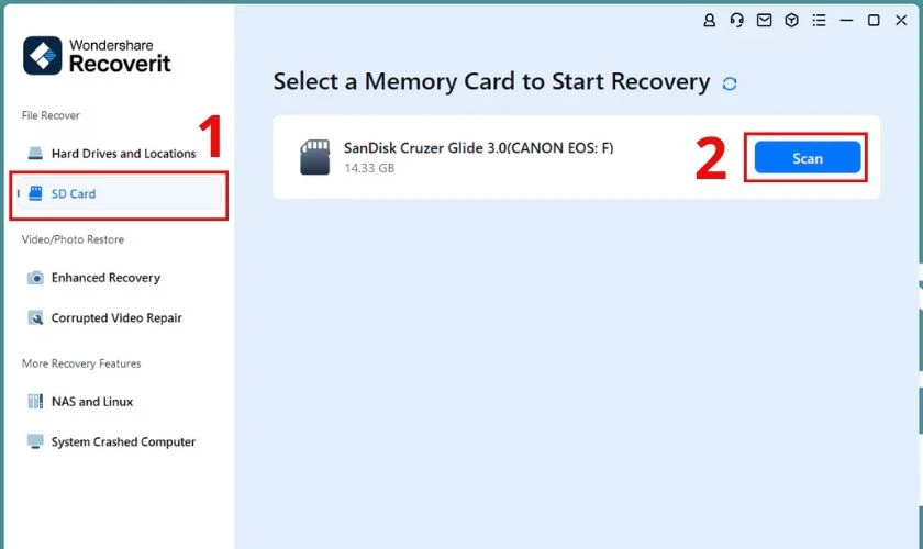 Chọn thẻ nhớ SD trong External Devices v&agrave; nhấn Scan