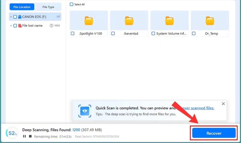 Chọn c&aacute;c file mong muốn v&agrave; nhấn Recover