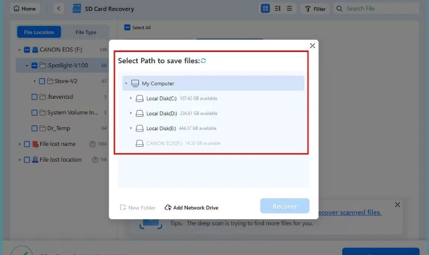 Chọn vị tr&iacute; lưu file đ&atilde; kh&ocirc;i phục v&agrave; nhấn OK