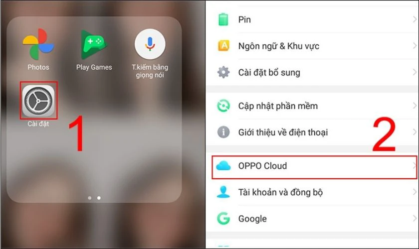 Mở ứng dụng C&agrave;i đặt v&agrave; chọn mục OPPO Cloud/Đ&aacute;m m&acirc;y HeyTap