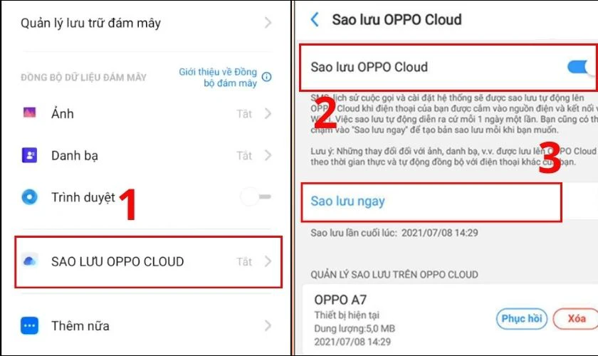 Bật Sao lưu OPPO Cloud v&agrave; chọn Sao lưu ngay