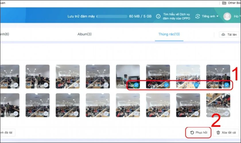 Nhấn v&agrave;o Phục hồi để bắt đầu qu&aacute; tr&igrave;nh kh&ocirc;i phục c&aacute;c ảnh đ&atilde; chọn