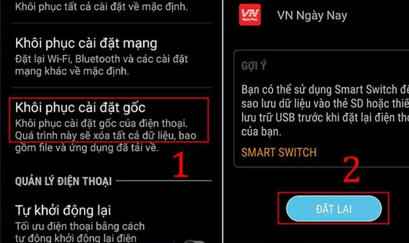 Chọn Khôi phục cài đặt gốc, sau đó nhấn Đặt lại