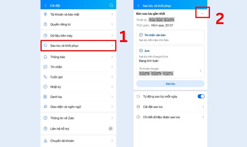 Chọn mục Sao lưu v&agrave; kh&ocirc;i phục