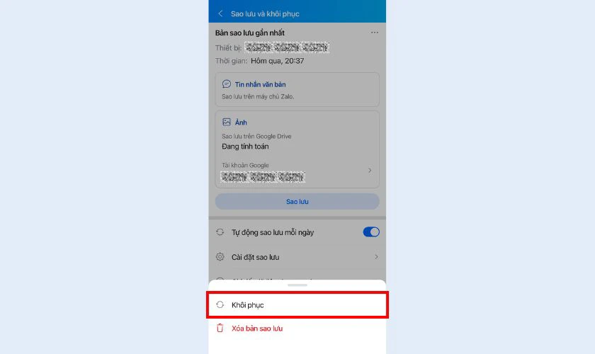 Chọn Kh&ocirc;i phục để Zalo phục hồi lại tin nhắn đ&atilde; sao lưu