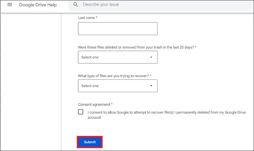 Sau khi hoàn tất, nhấn nút Submit (Gửi) để gửi yêu cầu hỗ trợ