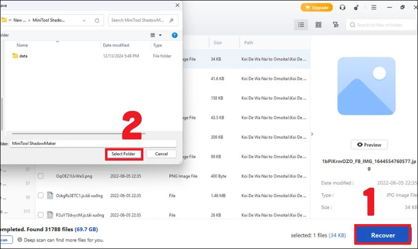 Sử dụng bộ lọc, tìm và chọn tệp trang tính bạn cần, sau đó nhấn Recover