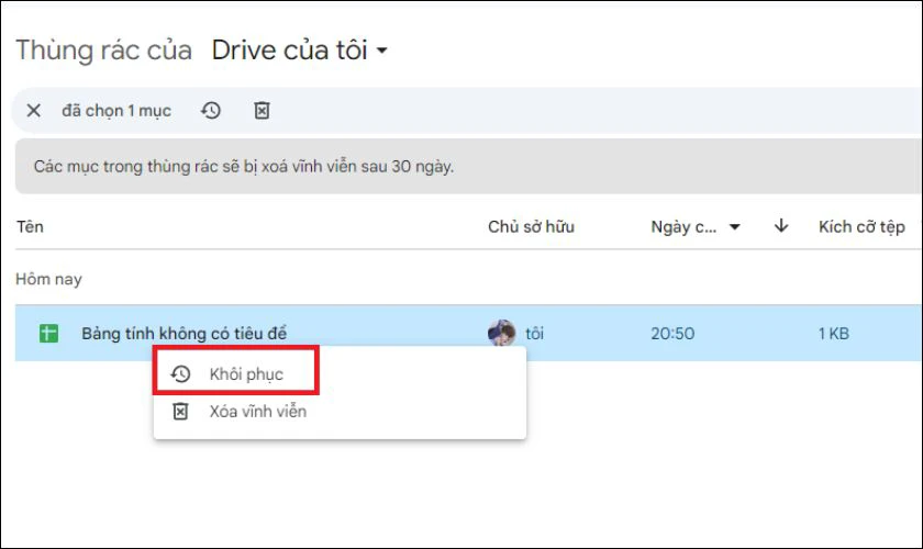 Nhấn chuột phải vào tên trang tính đó và chọn tùy chọn Khôi phục