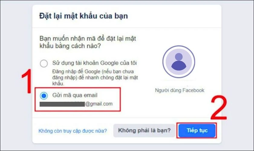 Chọn t&ugrave;y chọn Gửi m&atilde; qua Email v&agrave; nhấn Tiếp tục