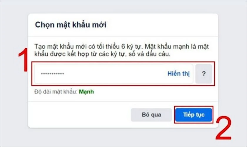 Nhập mật khẩu mới v&agrave; nhấn Tiếp tục để ho&agrave;n tất quy tr&igrave;nh kh&ocirc;i phục t&agrave;i khoản của bạn
