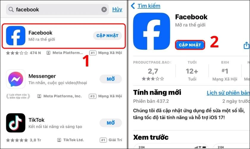 Cập nhật lại Facebook để sửa lỗi Facebook kh&ocirc;ng đăng nhập được