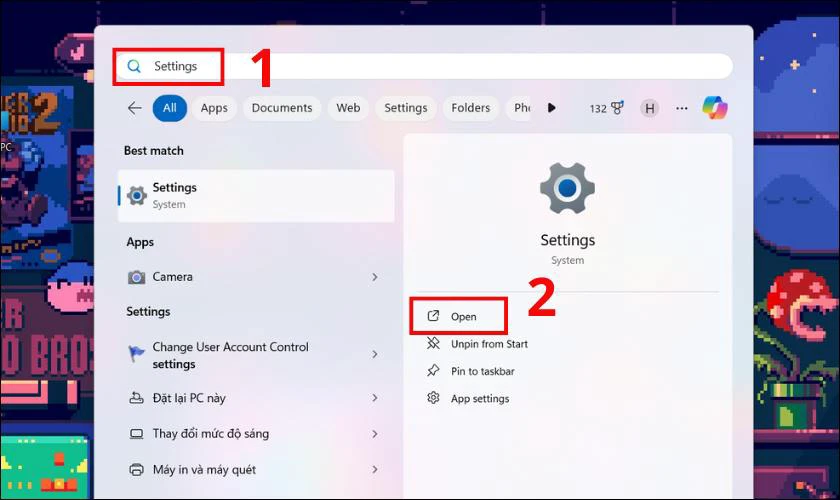 Mở Start Menu v&agrave; g&otilde; Settings sau đ&oacute; nhấn v&agrave;o Open hoặc biểu tượng b&aacute;nh răng cưa