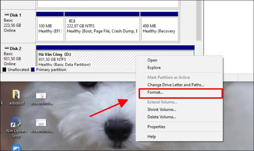 Sau đ&oacute;, nhấp chuột phải v&agrave;o ổ cứng m&agrave; bạn muốn format v&agrave; chọn Format