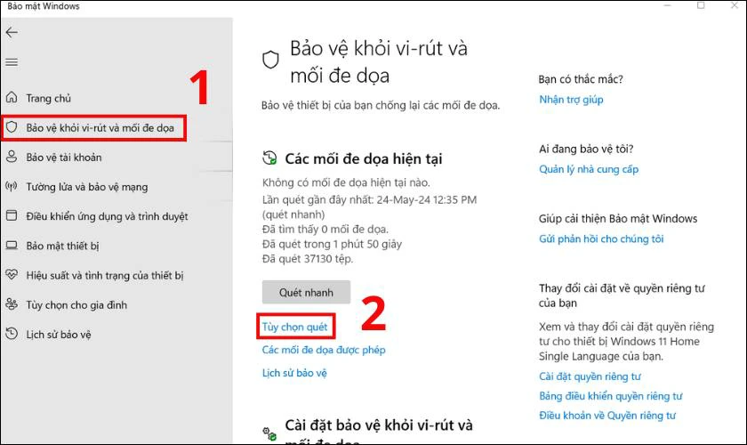 Sau đ&oacute; nhấn v&agrave;o T&ugrave;y chọn qu&eacute;t