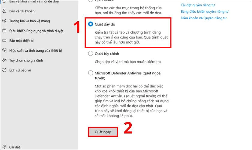Chọn mục Qu&eacute;t đầy đủ v&agrave; nhấn Qu&eacute;t ngay để sửa lỗi kh&ocirc;ng format được ổ cứng 