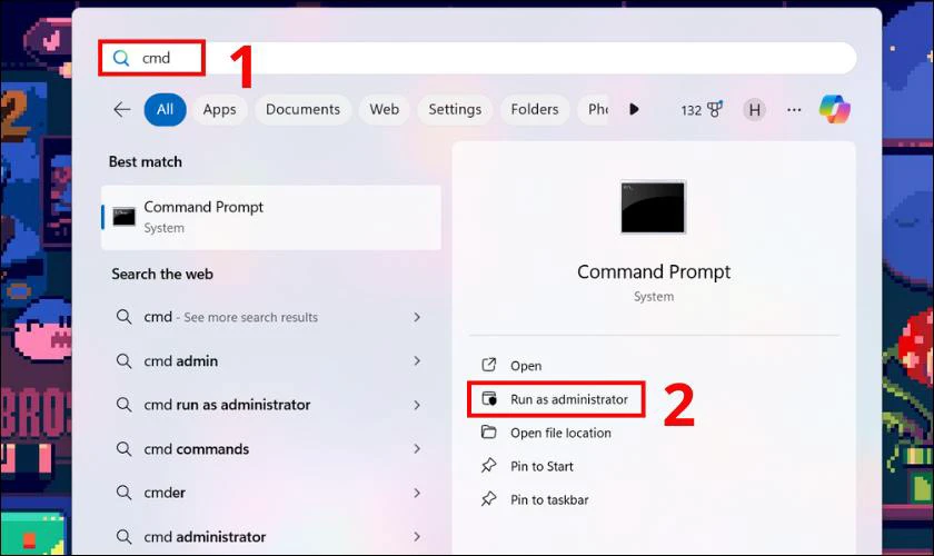 Sau đ&oacute;, bạn nhấp chuột phải v&agrave;o Command Prompt v&agrave; chọn Run as Administrator
