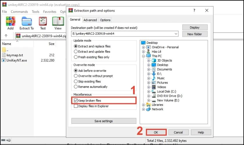 Tick v&agrave;o Keep broken files v&agrave; bấm OK
