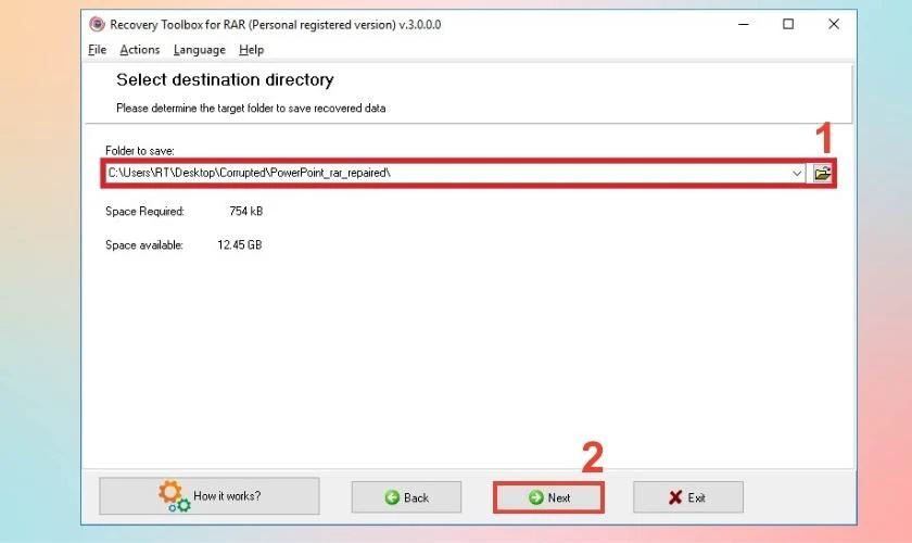 Chọn nơi chứa file lưu dữ liệu sau khi kh&ocirc;i phục rồi bấm Next