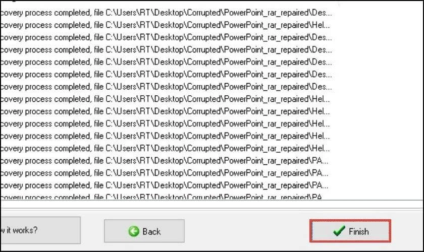 Bấm Finish để ho&agrave;n tất qu&aacute; tr&igrave;nh kh&ocirc;i phục file RAR kh&ocirc;ng giải n&eacute;n được