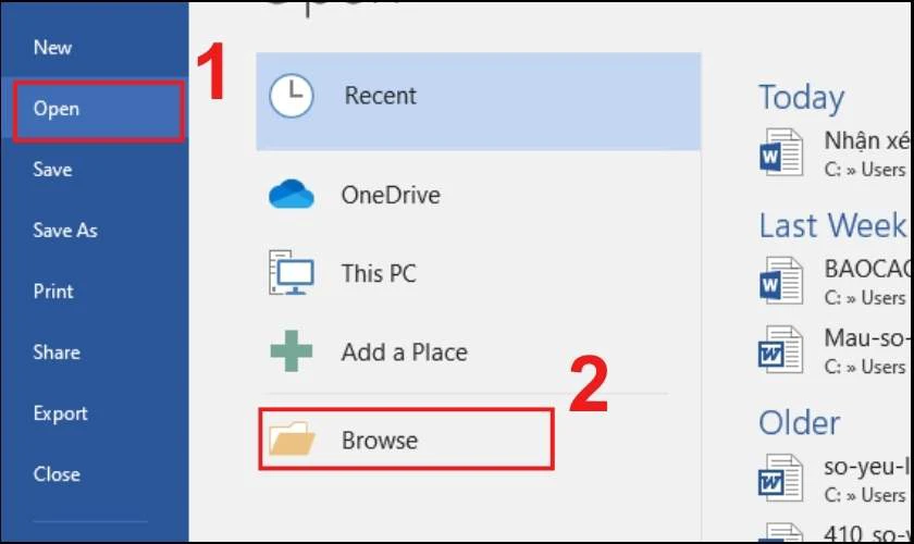 Nhấn Open v&agrave; chọn Browse để đến thư mục chứa file Word cần sửa lỗi kh&ocirc;ng mở được