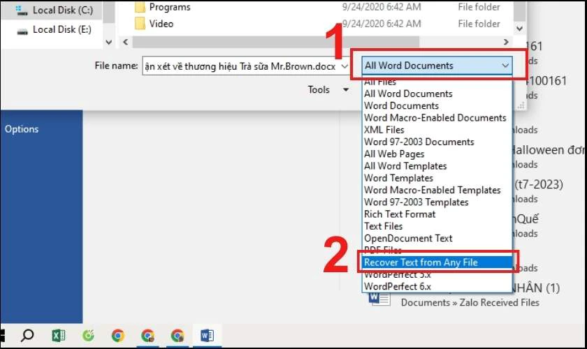 Chọn Recover Text from Any File để kh&ocirc;i phục văn bản
