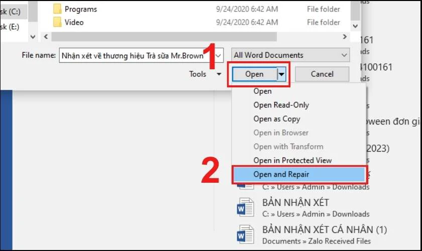 Chọn Open and repair để sửa lỗi v&agrave; mở lại file Word