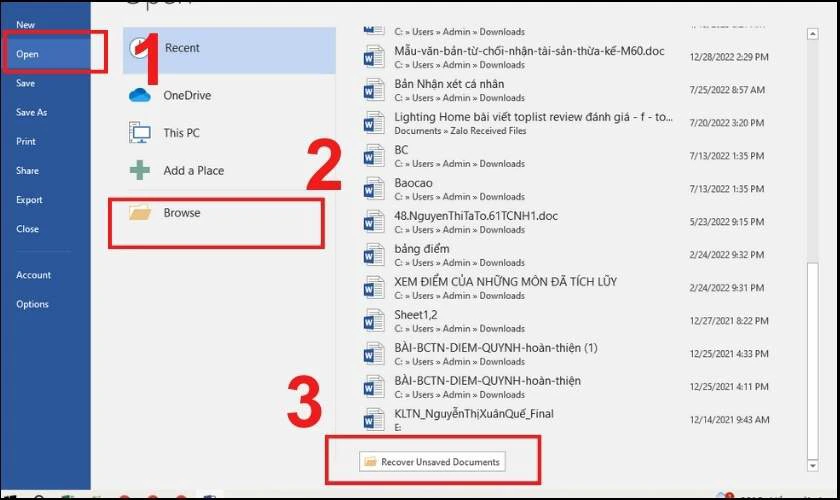 Chọn Recover Unsaved Document để t&igrave;m những tệp được lưu tự động trong qu&aacute; tr&igrave;nh soạn thảo văn bản