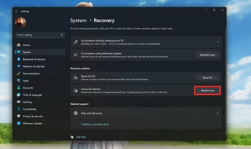 Bấm nút Restart now