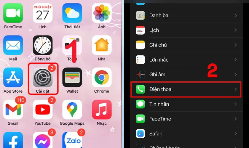 Bạn vào Cài đặt, Chọn Điện thoại