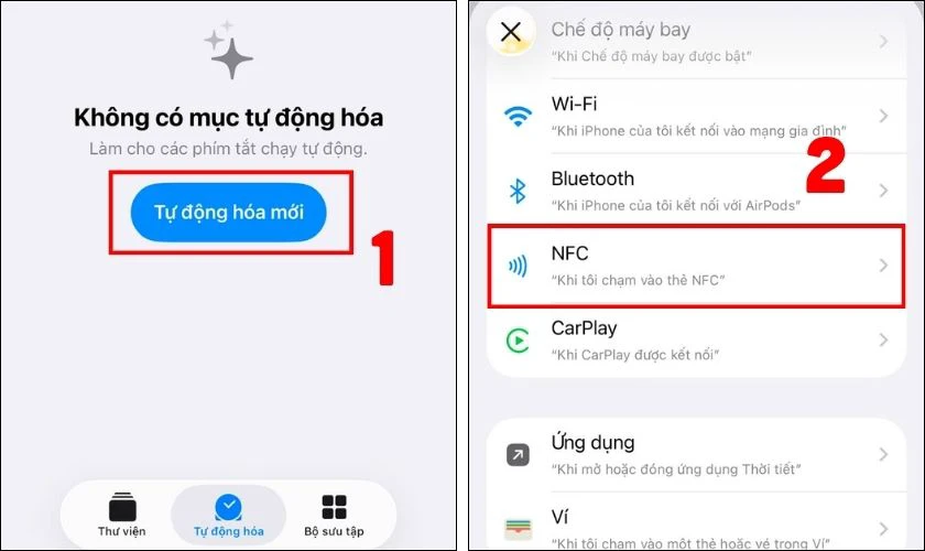 Nhấn Tự động hoá mới, tìm và chọn NFC