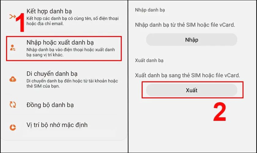 Tiếp tục chọn Nhập hoặc xuất danh bạ, sau đ&oacute; nhấn v&agrave;o Xuất