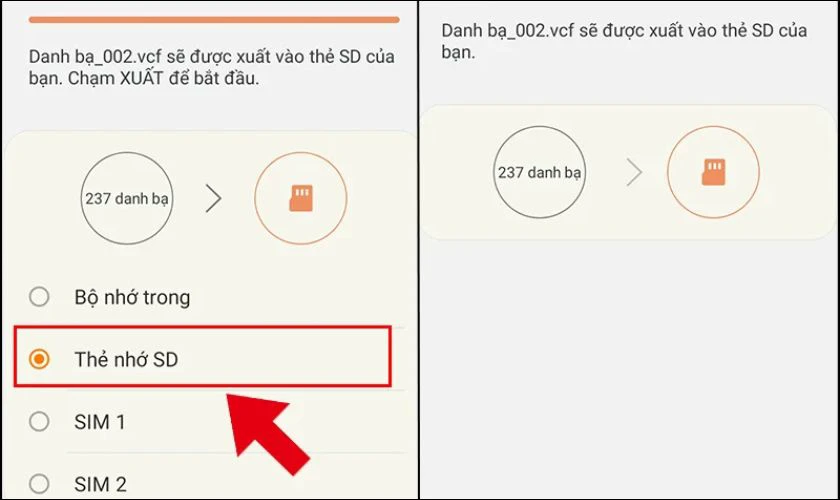 Lựa chọn nơi lưu trữ tệp danh bạ, c&oacute; thể l&agrave; Bộ nhớ trong hoặc Thẻ nhớ SD