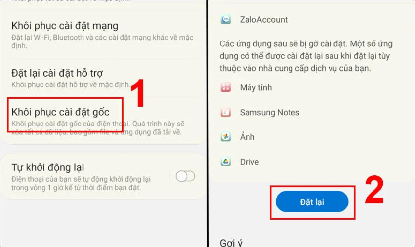 Chọn Kh&ocirc;i phục c&agrave;i đặt gốc, nhấn v&agrave;o n&uacute;t Đặt lại