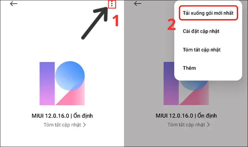 Nhấn v&agrave;o biểu tượng ba chấm ở g&oacute;c m&agrave;n h&igrave;nh, sau đ&oacute; chọn Tải xuống g&oacute;i mới nhất