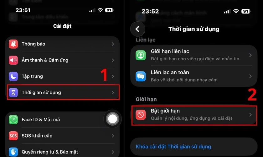 Chọn Thời gian sử dụng rồi nhấn vào Bật giới hạn
