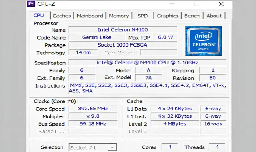 Tab CPU: Hiển thị th&ocirc;ng tin về bộ vi xử l&yacute;