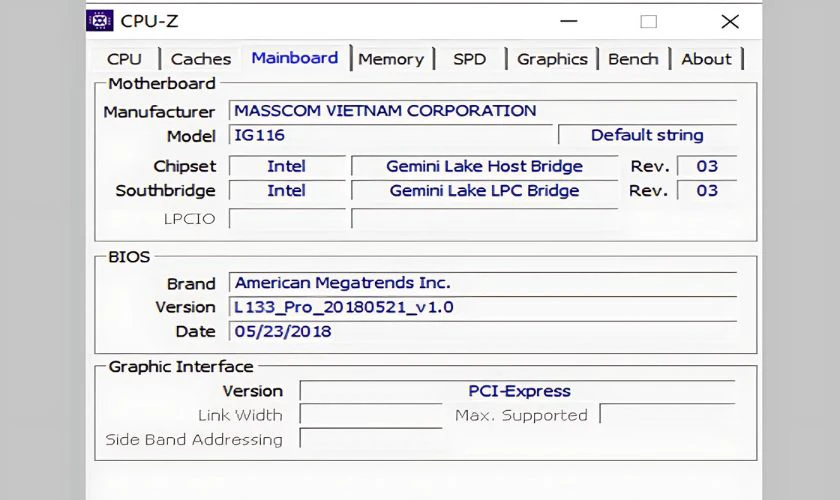 Tab Mainboard: Hiển thị th&ocirc;ng tin về bo mạch chủ