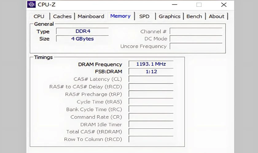 Tab Memory: Cho biết loại RAM (DDR3, DDR4...), dung lượng v&agrave; tốc độ bus RAM