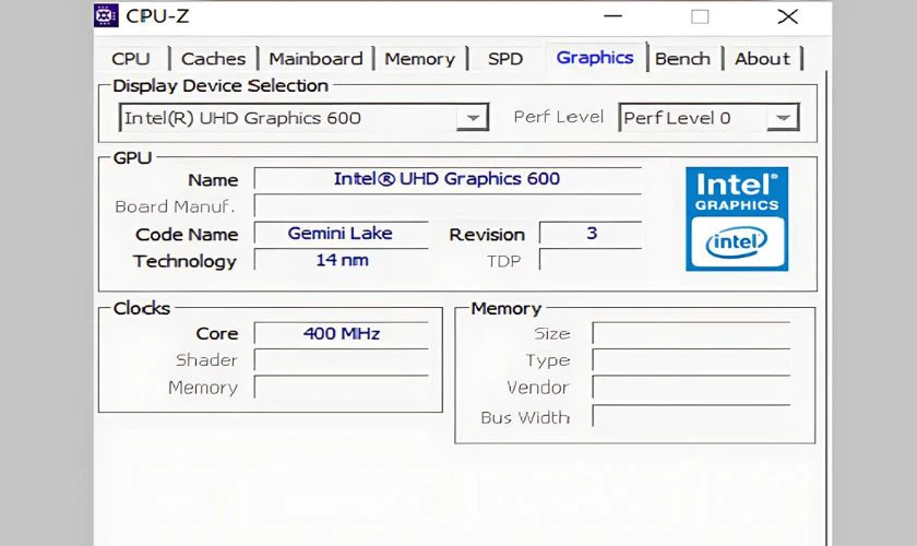 Tab Graphics: Cung cấp th&ocirc;ng tin về card đồ họa t&iacute;ch hợp hoặc card rời