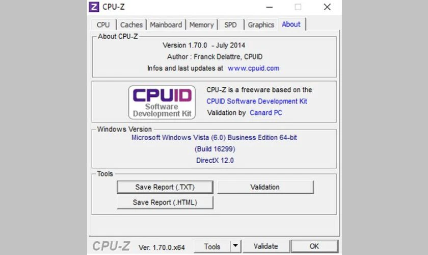 Tab About: Hiển thị th&ocirc;ng tin về phi&ecirc;n bản CPU-Z đang sử dụng