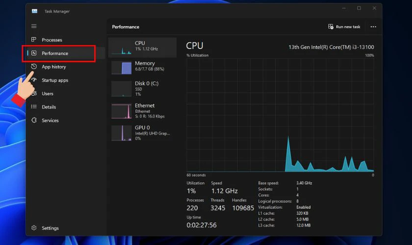Mở Task Manager, chọn tab Performance